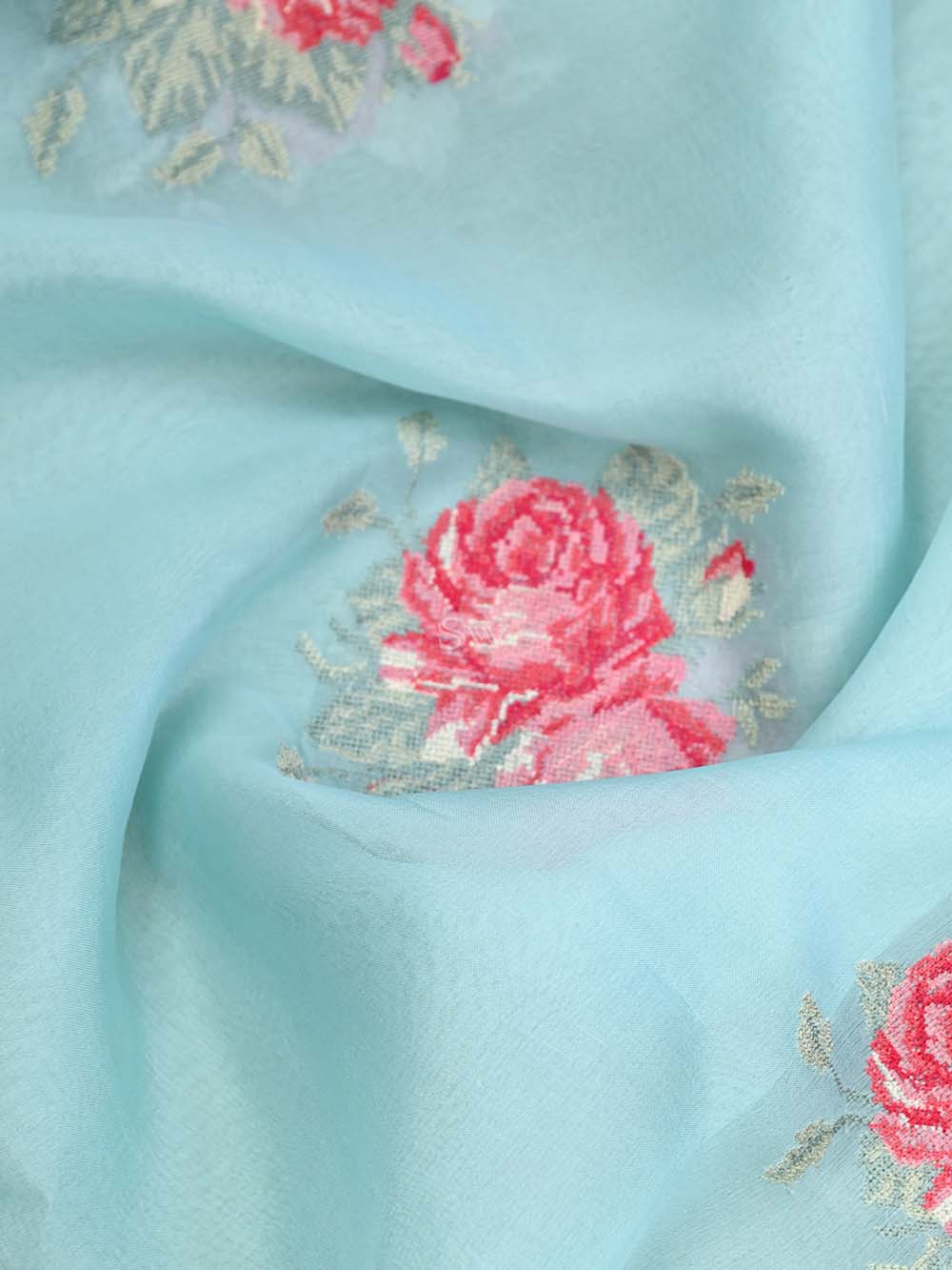 Mint Blue Organza Handloom Banarasi Suit - Sacred Weaves