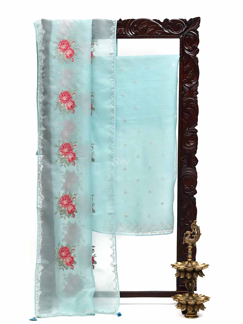 Mint Blue Organza Handloom Banarasi Suit - Sacred Weaves