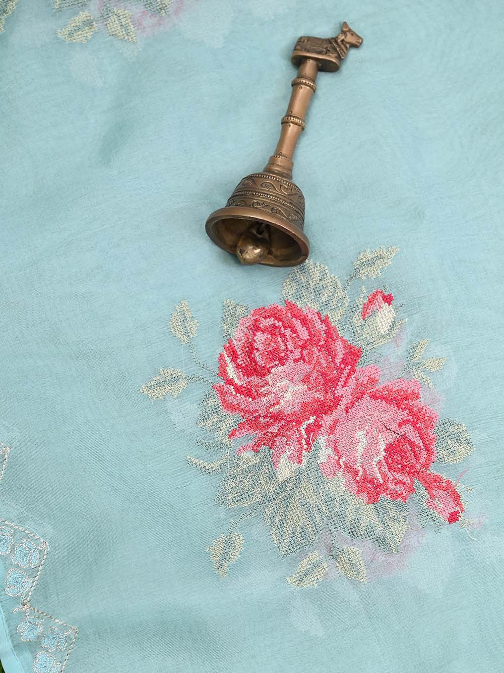 Mint Blue Organza Handloom Banarasi Suit - Sacred Weaves