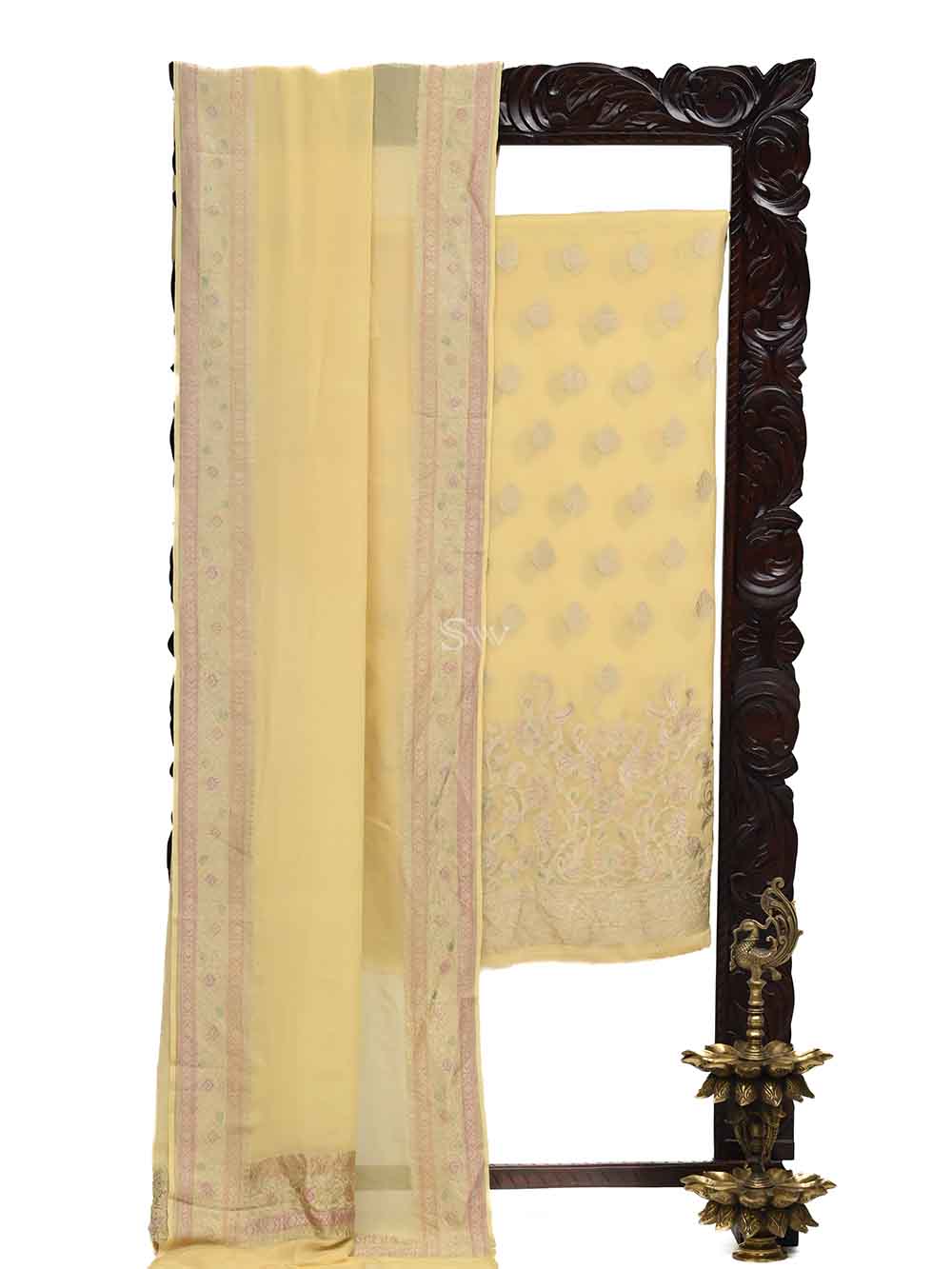 Pastel Yellow Khaddi Georgette Handloom Banarasi Suit - Sacred Weaves