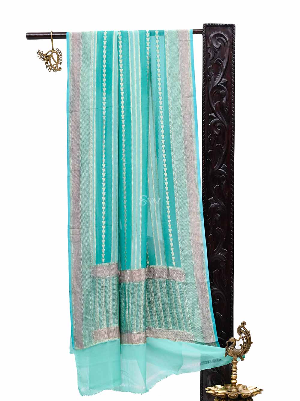 Sea Green Stripe Khaddi Georgette Handloom Banarasi Dupatta - Sacred Weaves