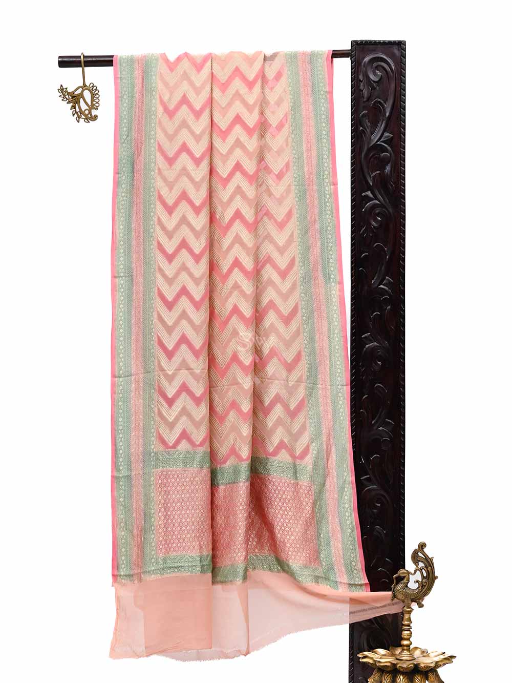 Peach Pink Zig Zag Khaddi Georgette Handloom Banarasi Dupatta - Sacred Weaves