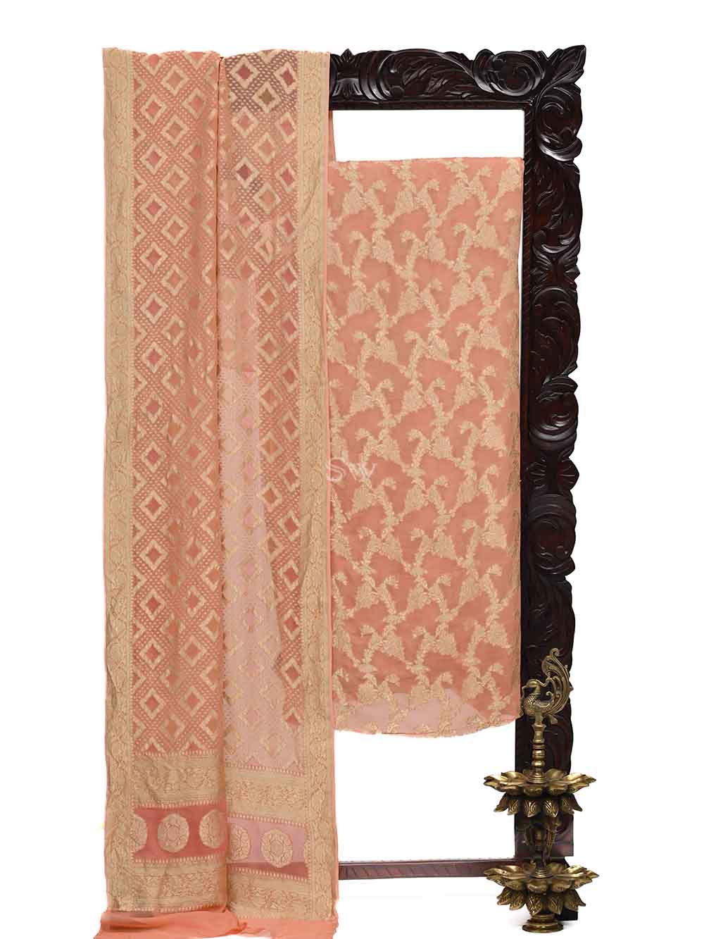 Coral Pink Khaddi Georgette Handloom Banarasi Suit - Sacred Weaves