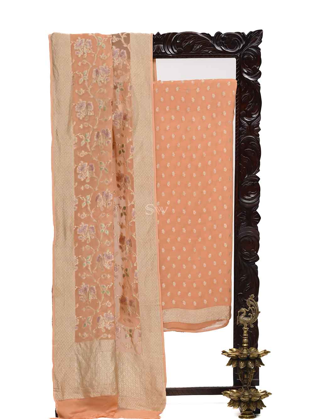 Peach Khaddi Georgette Handloom Banarasi Suit - Sacred Weaves