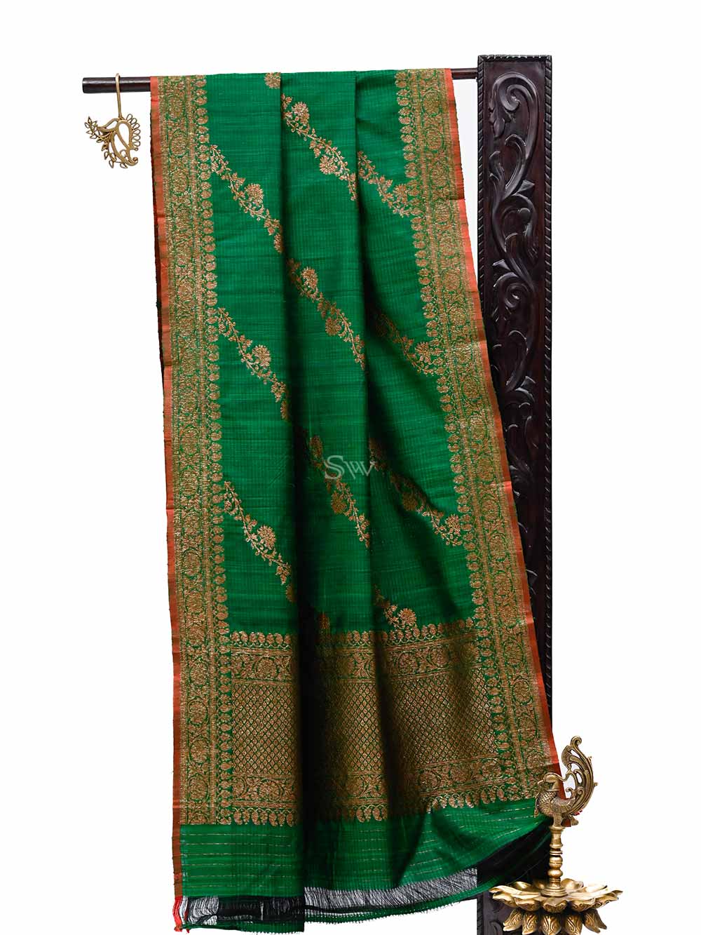 Dark Green Dupion Silk Handloom Banarasi Dupatta - Sacred Weaves