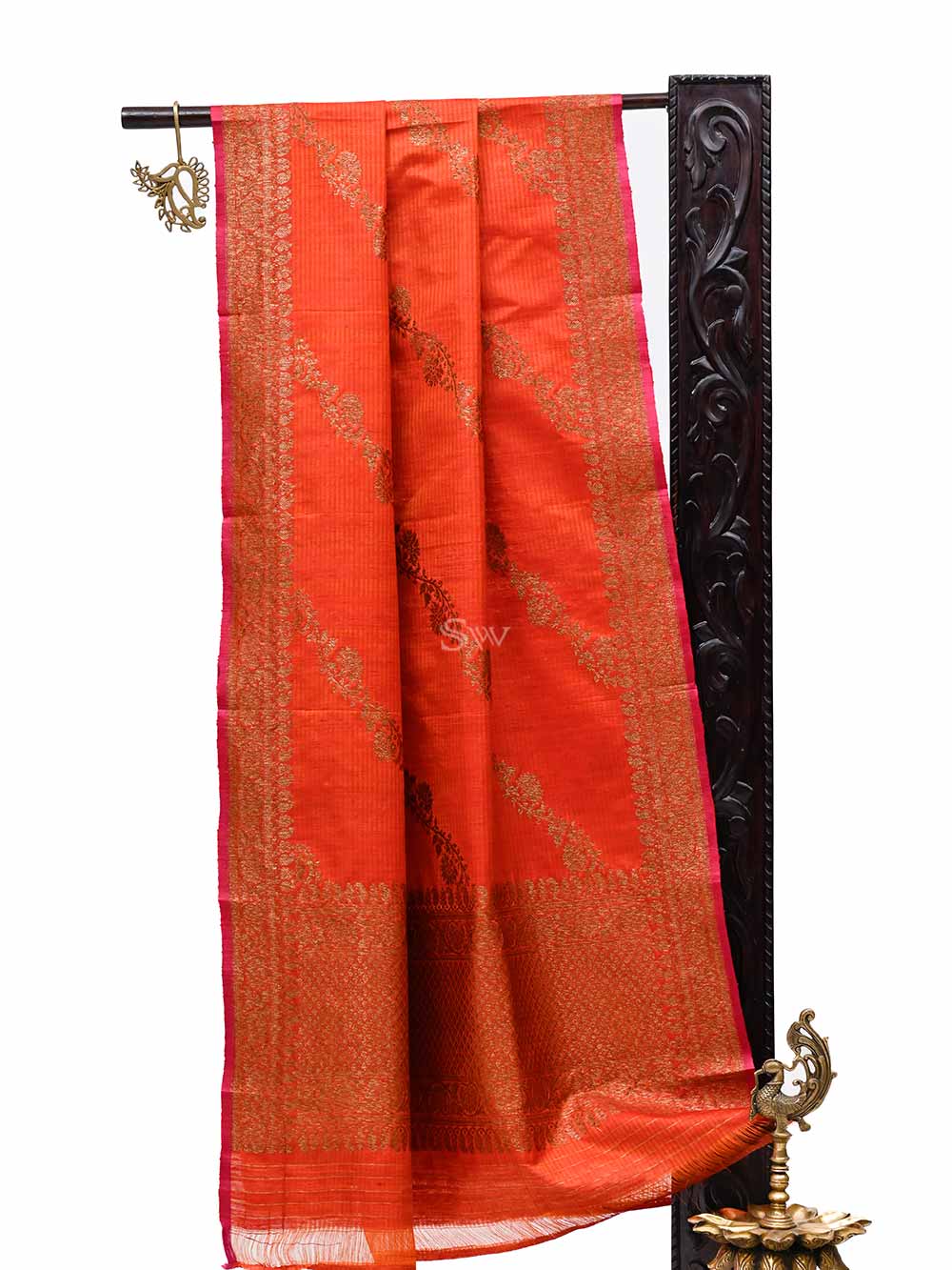Orange Red Dupion Silk Handloom Banarasi Dupatta - Sacred Weaves