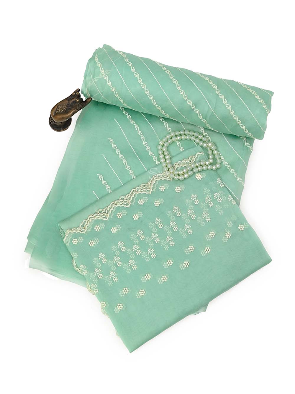 Sea Green Embroidery Organza Handloom Banarasi Suit - Sacred Weaves