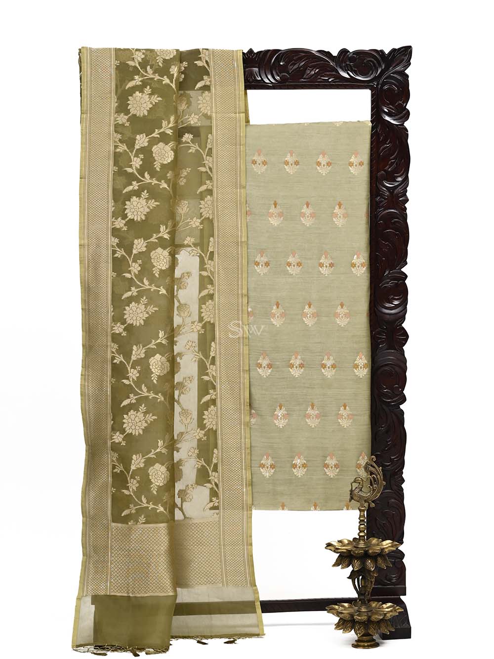 Moss Green Moonga Tussar Silk Handloom Banarasi Suit - Sacred Weaves