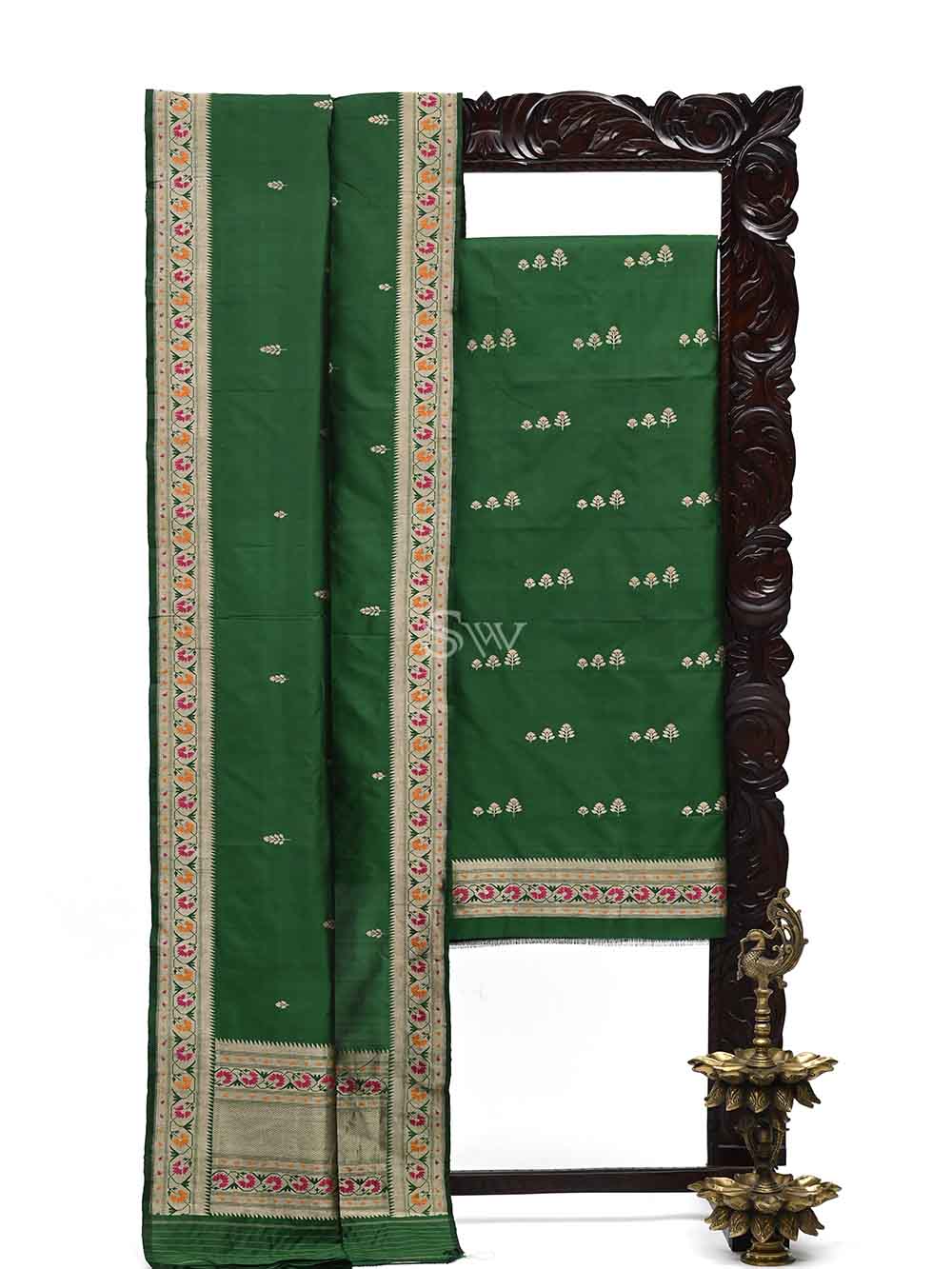 Bottle Green Meenakari Katan Silk Handloom Banarasi Suit - Sacred Weaves