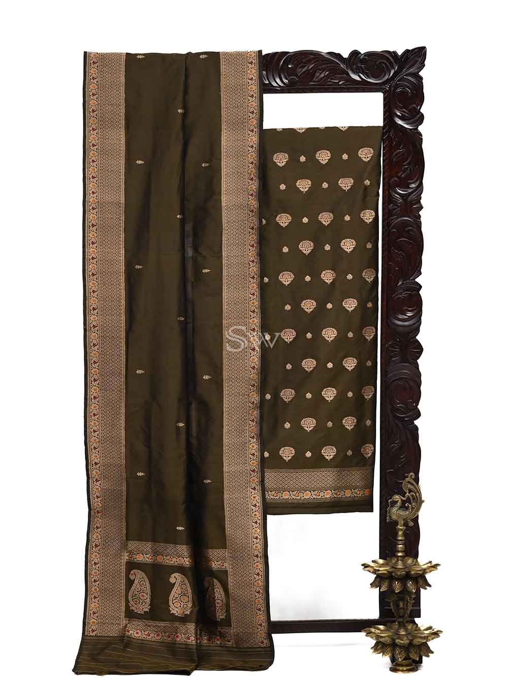 Dark Moss Green Meenakari Katan Silk Handloom Banarasi Suit - Sacred Weaves