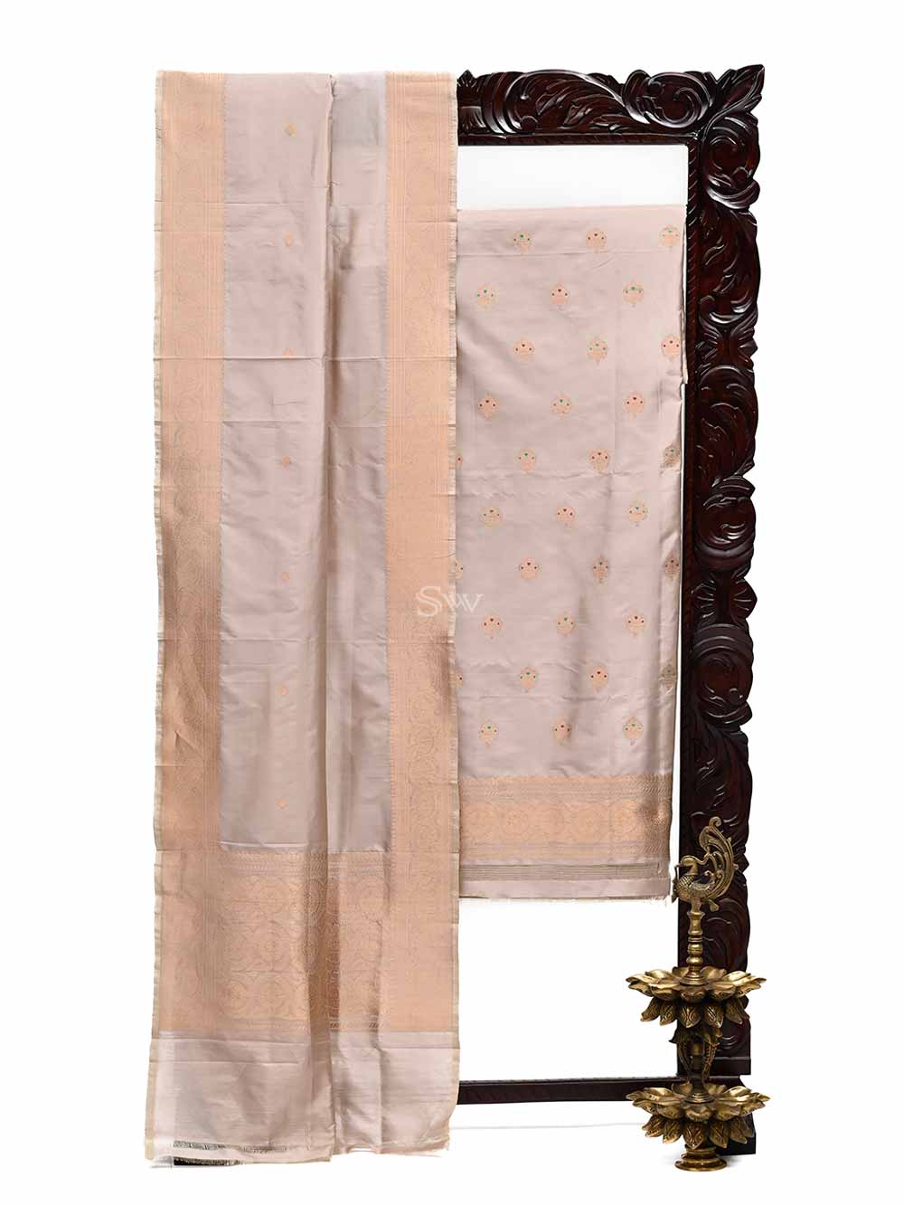 Light Grey Meenakari Katan Silk Handloom Banarasi Suit - Sacred Weaves