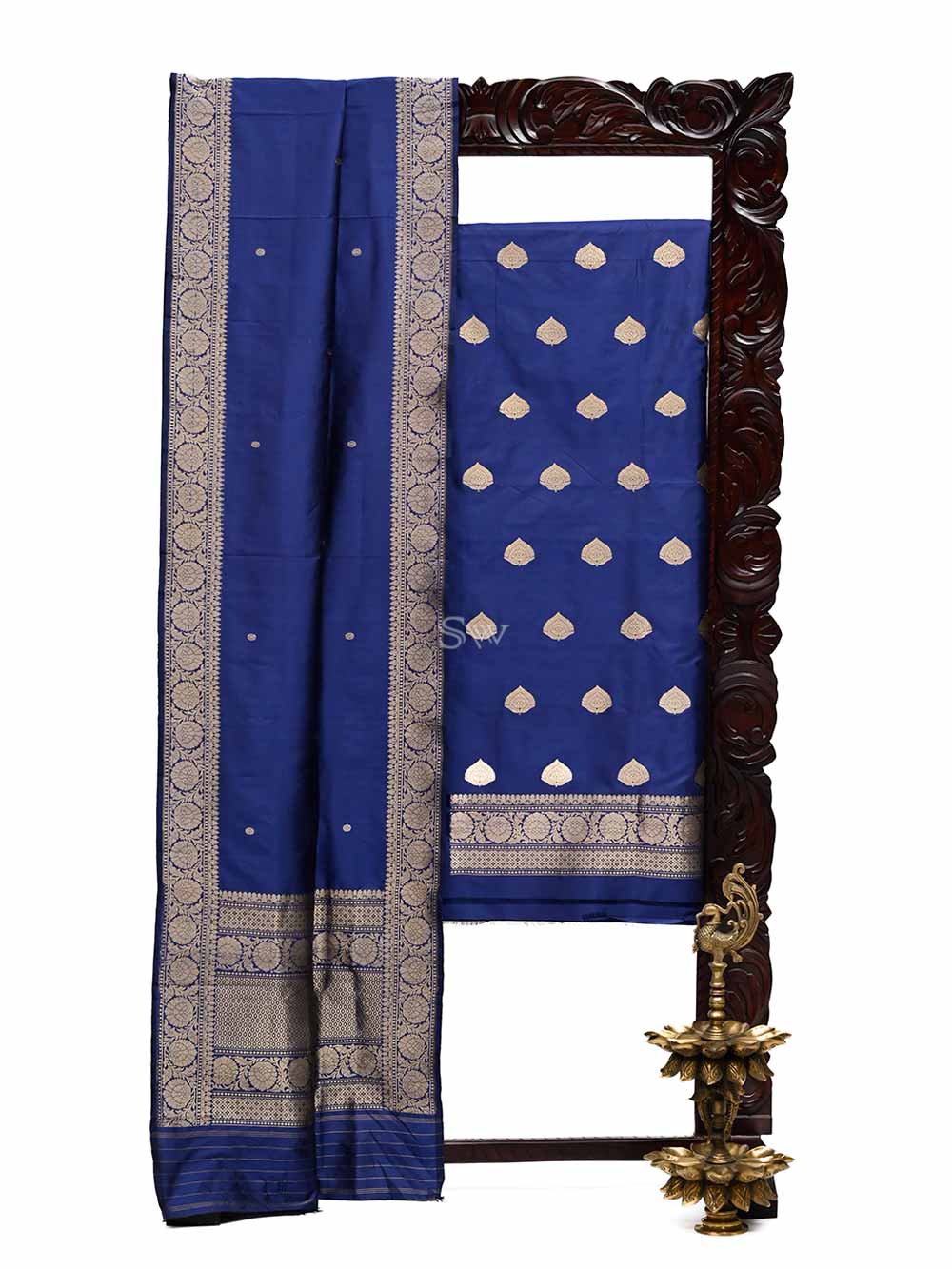 Navy Blue Katan Silk Handloom Banarasi Suit - Sacred Weaves