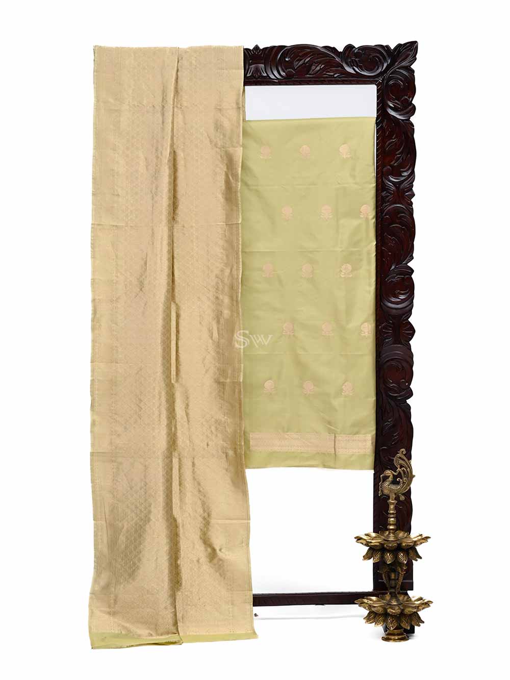 Light Moss Green Katan Silk Handloom Banarasi Suit - Sacred Weaves