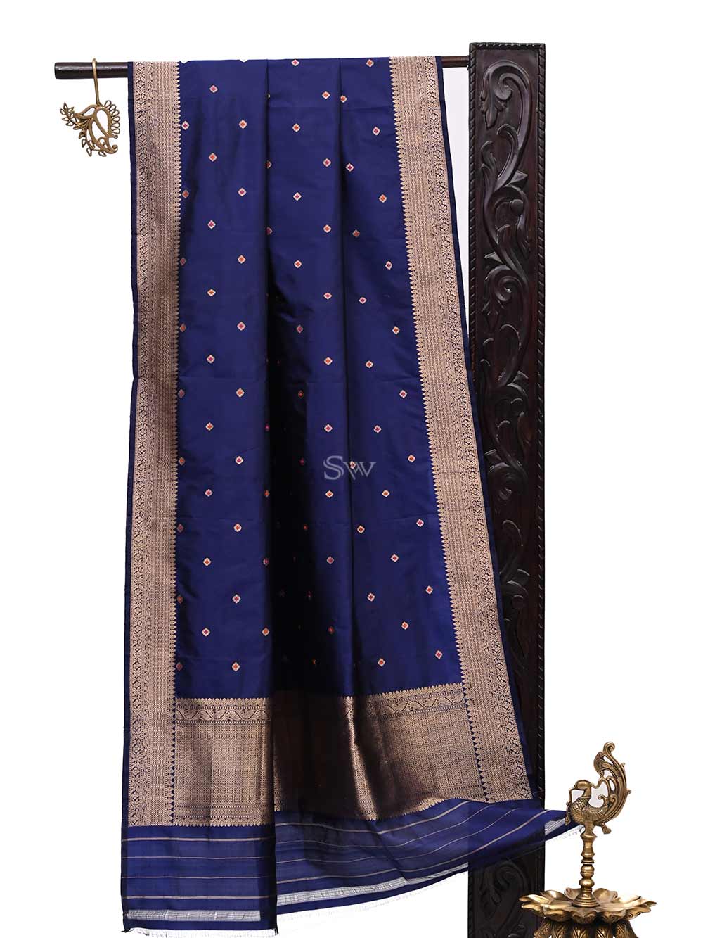 Navy Blue Meenakari Katan Silk Handloom Banarasi Dupatta - Sacred Weaves