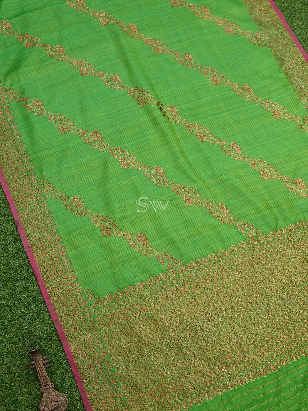 Parrot Green Dupion Silk Handloom Banarasi Dupatta - Sacred Weaves