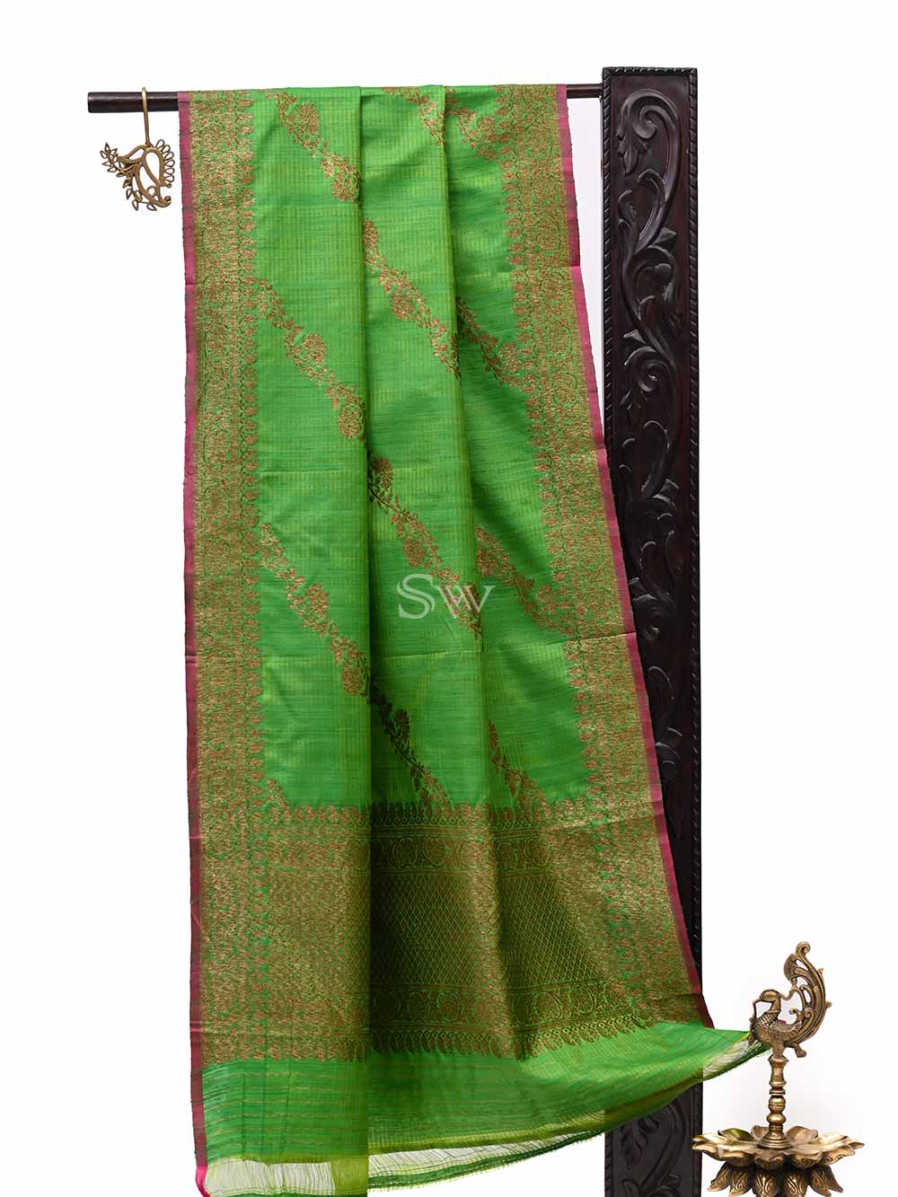 Parrot Green Dupion Silk Handloom Banarasi Dupatta - Sacred Weaves