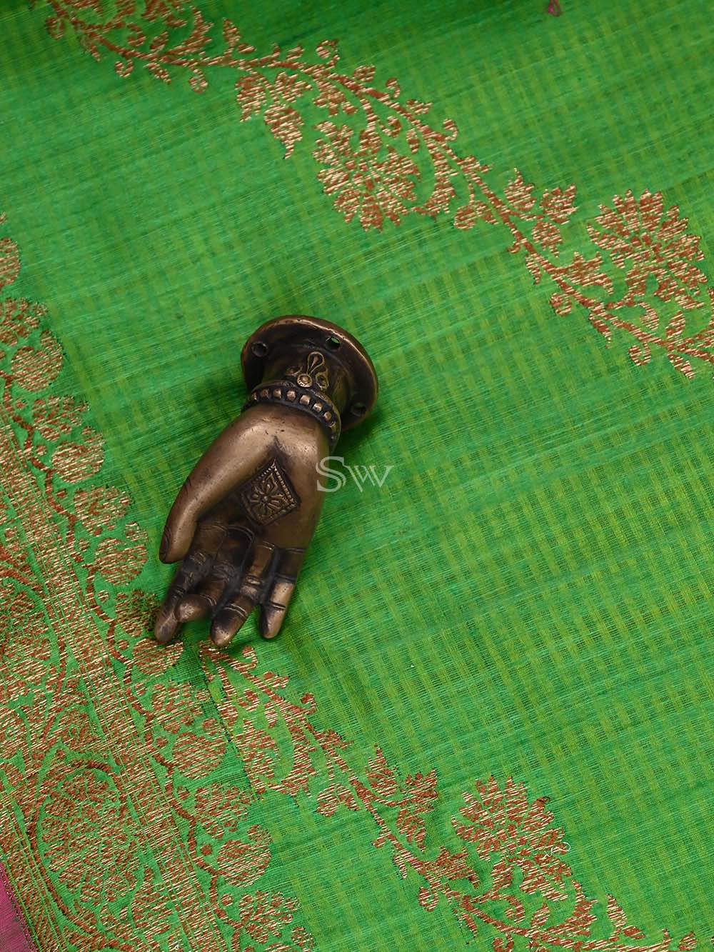 Parrot Green Dupion Silk Handloom Banarasi Dupatta - Sacred Weaves
