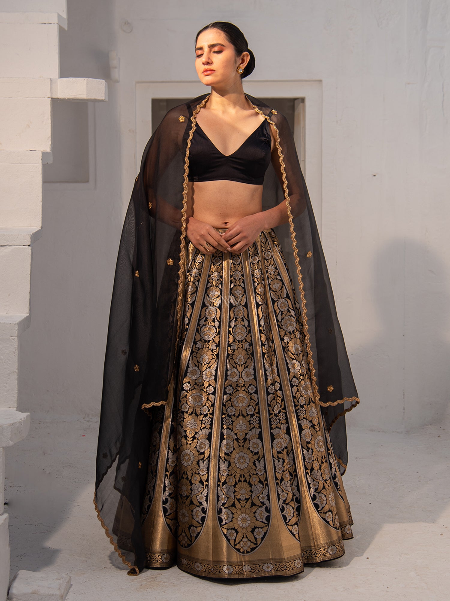 Black Silk Handloom Banarasi Lehenga - Sacred Weaves