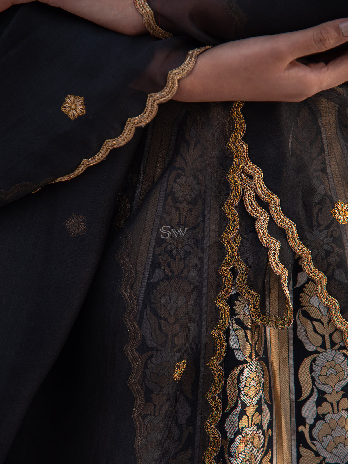 Black Silk Handloom Banarasi Lehenga - Sacred Weaves