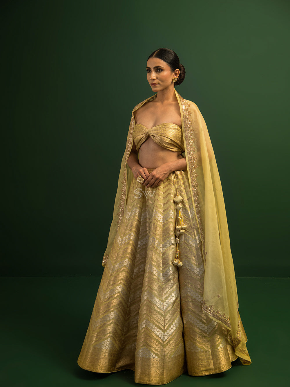 Olive Green Silk Handloom Banarasi Lehenga - Sacred Weaves