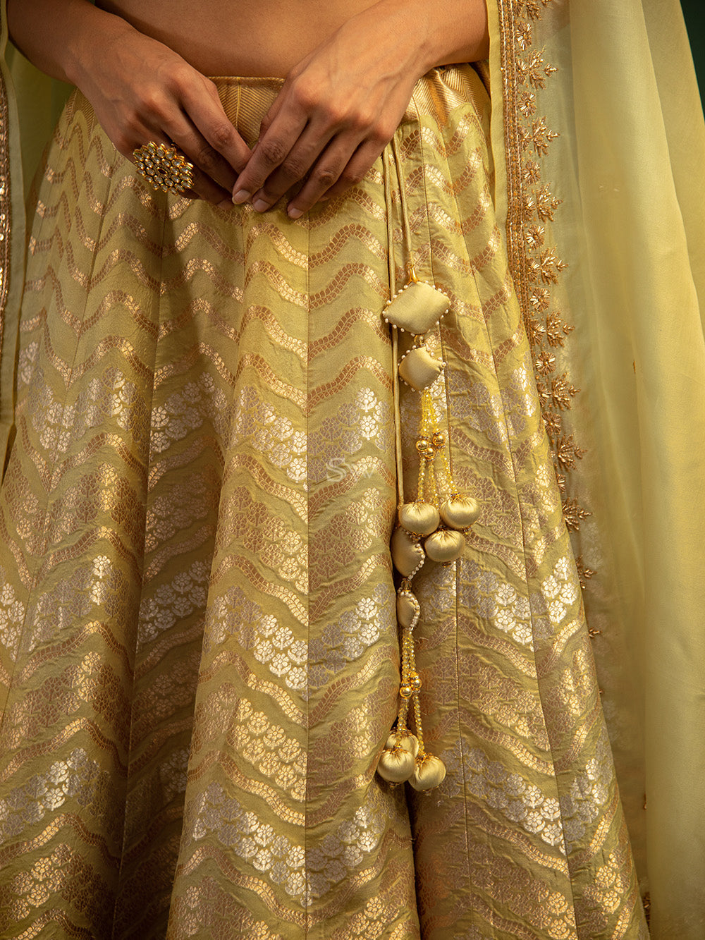 Olive Green Silk Handloom Banarasi Lehenga - Sacred Weaves