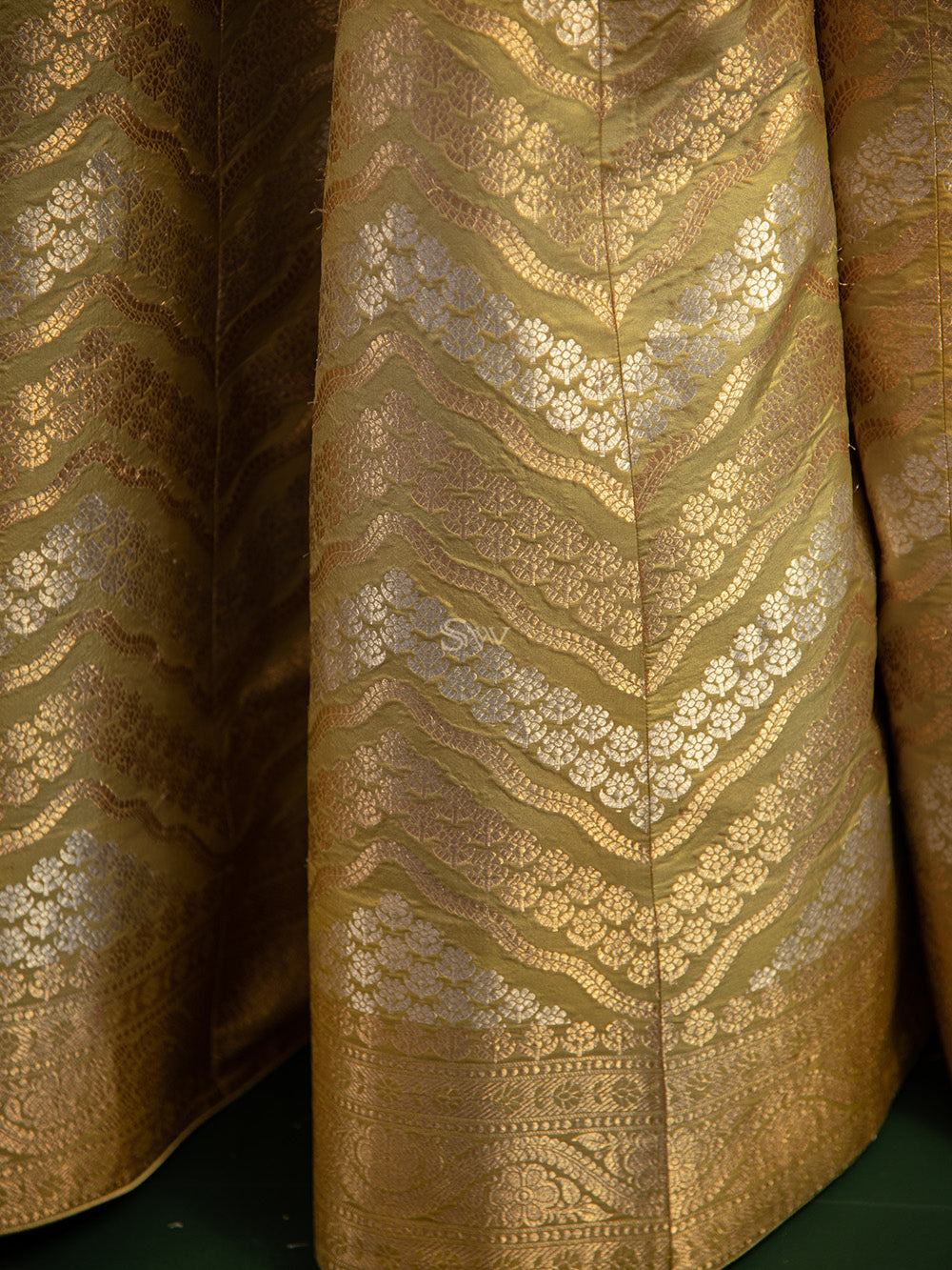 Olive Green Silk Handloom Banarasi Lehenga - Sacred Weaves