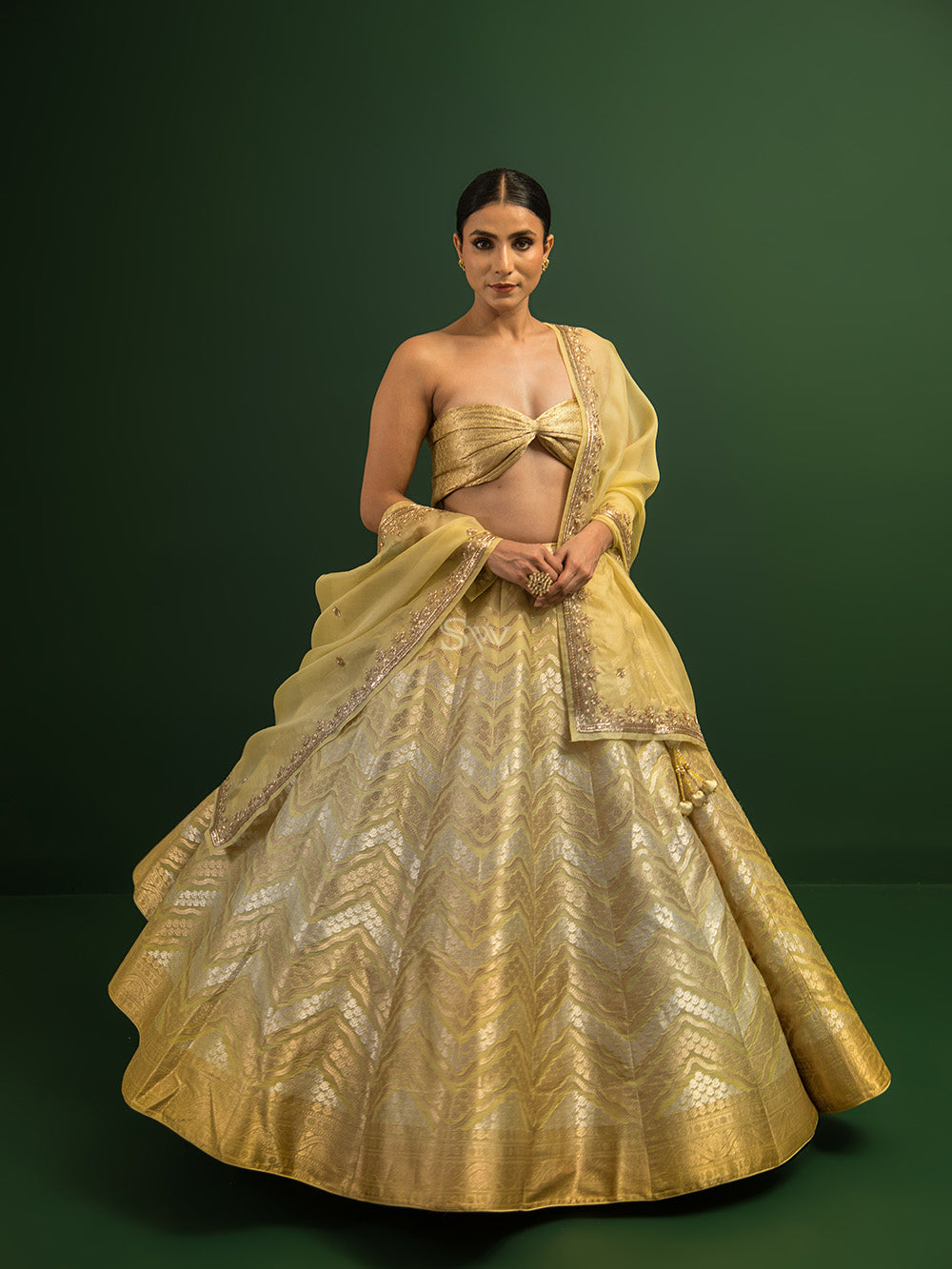 Olive Green Silk Handloom Banarasi Lehenga - Sacred Weaves