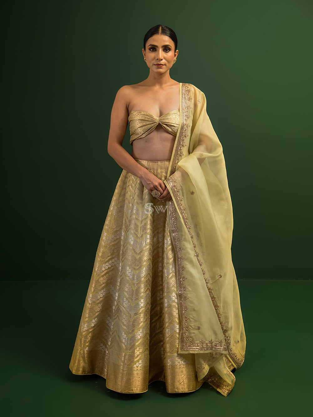 Olive Green Silk Handloom Banarasi Lehenga - Sacred Weaves