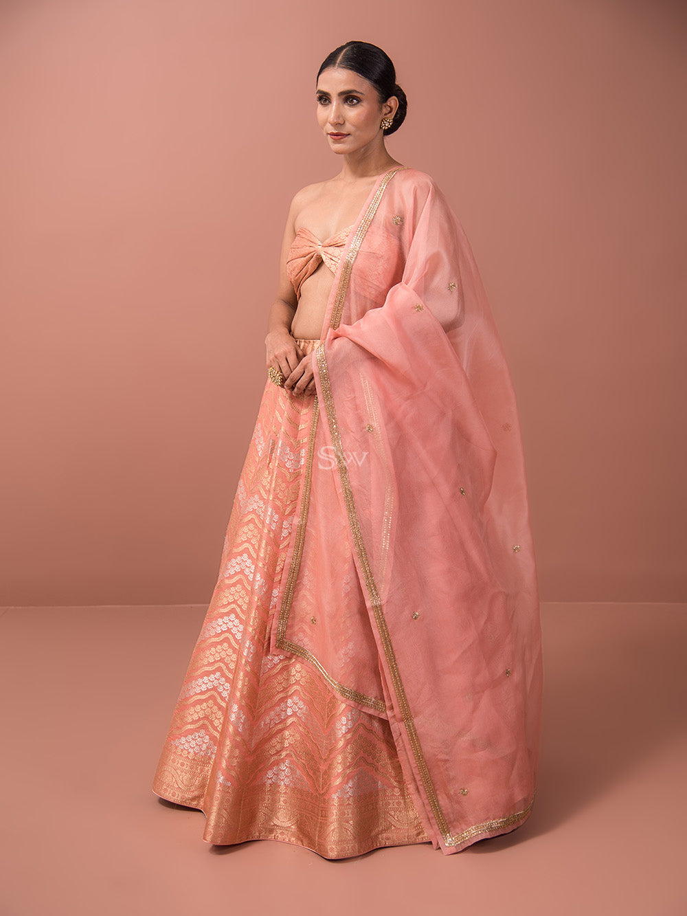 Peach Silk Handloom Banarasi Lehenga - Sacred Weaves