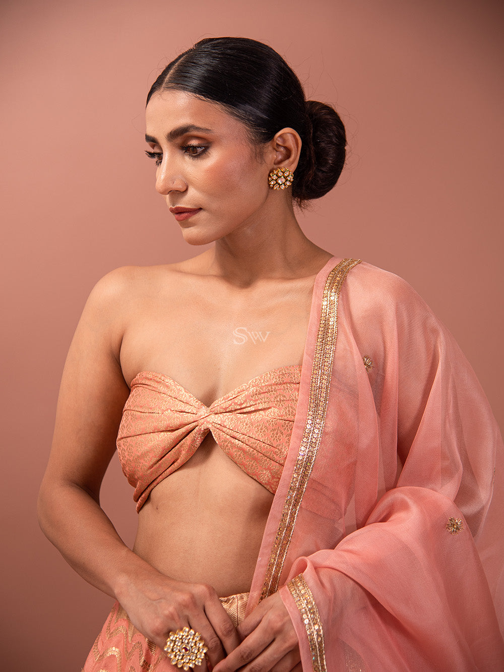 Peach Silk Handloom Banarasi Lehenga - Sacred Weaves
