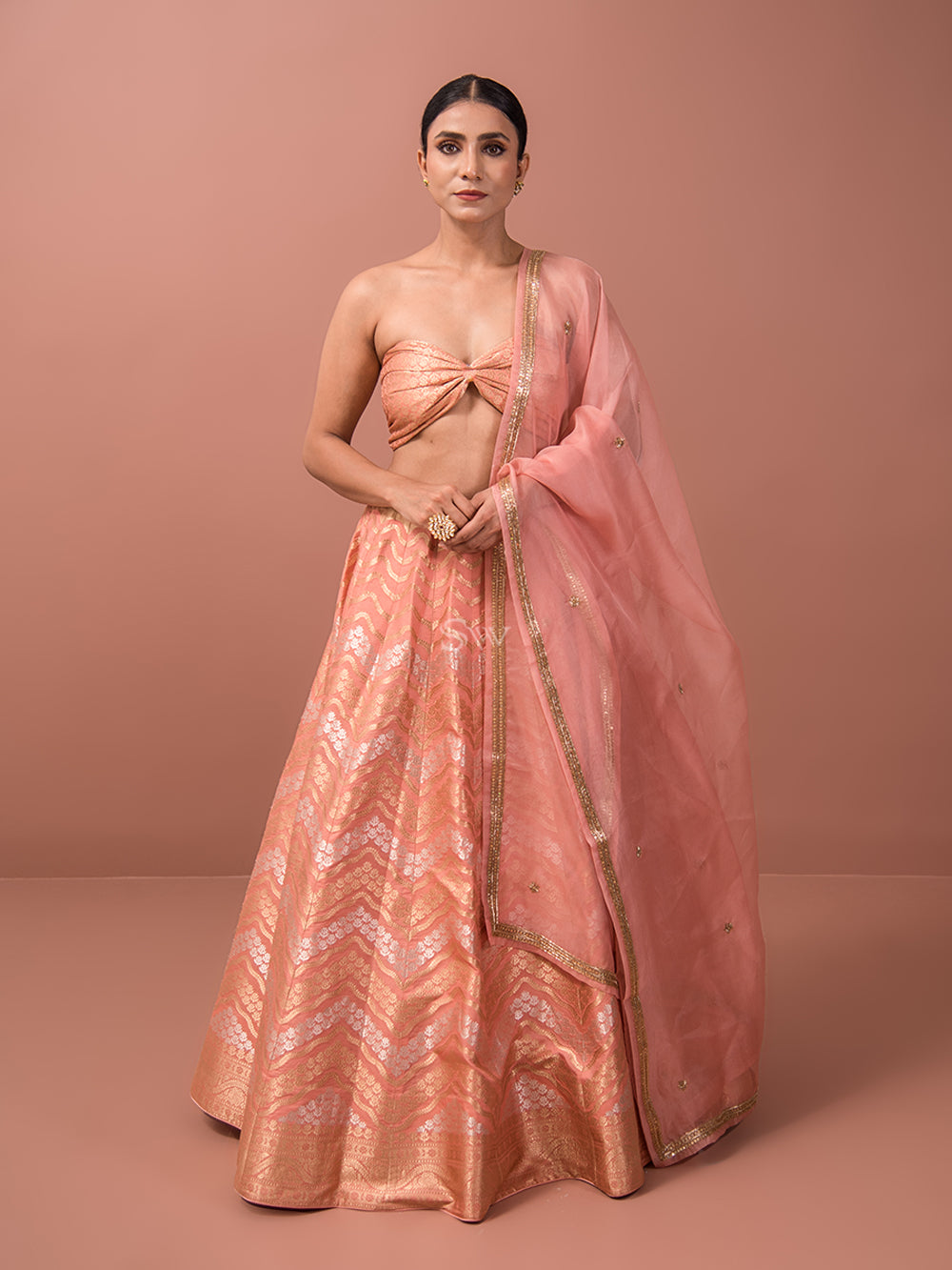 Peach Silk Handloom Banarasi Lehenga - Sacred Weaves