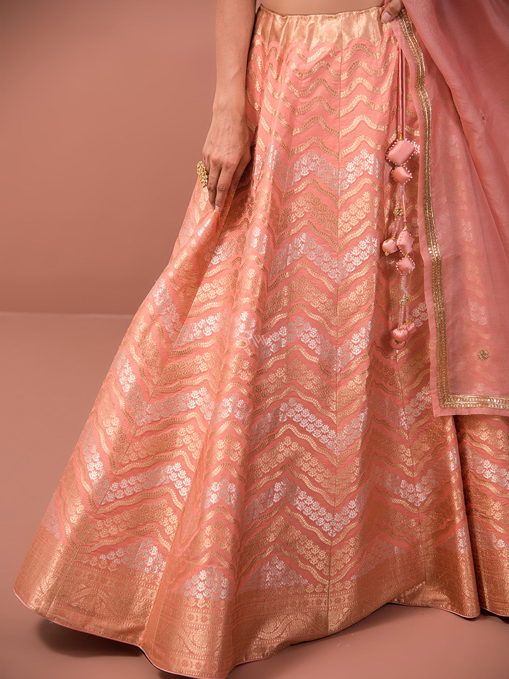 Peach Silk Handloom Banarasi Lehenga - Sacred Weaves