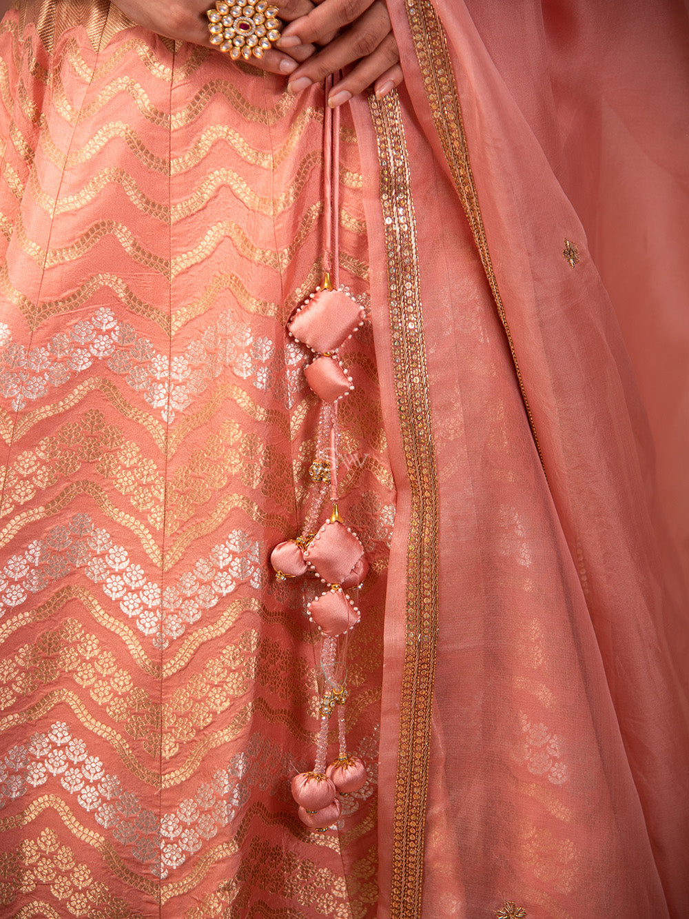 Peach Silk Handloom Banarasi Lehenga - Sacred Weaves