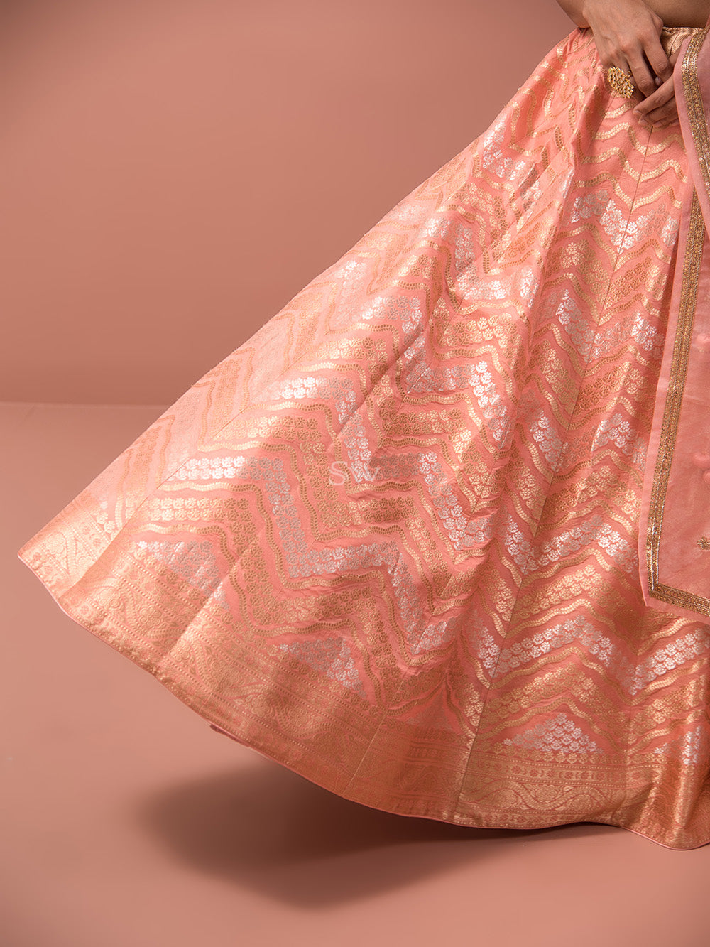 Peach Silk Handloom Banarasi Lehenga - Sacred Weaves