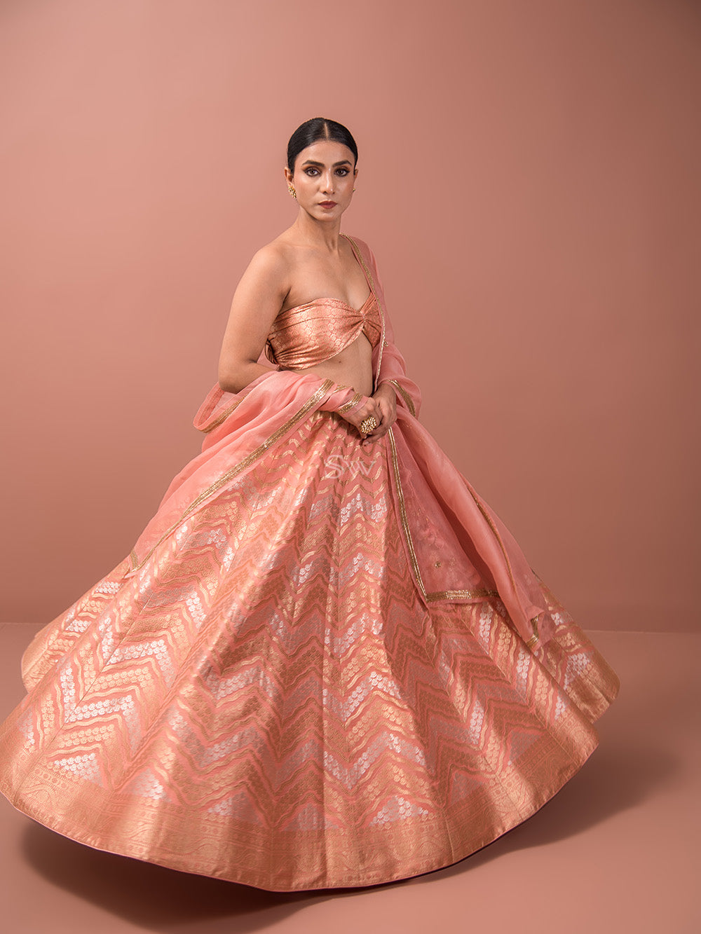 Peach Silk Handloom Banarasi Lehenga - Sacred Weaves