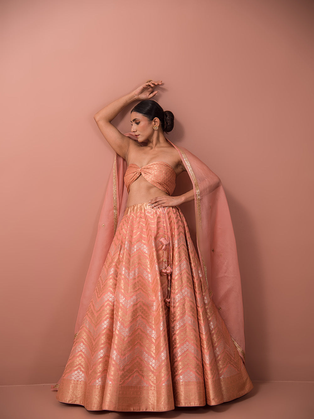 Peach Silk Handloom Banarasi Lehenga - Sacred Weaves