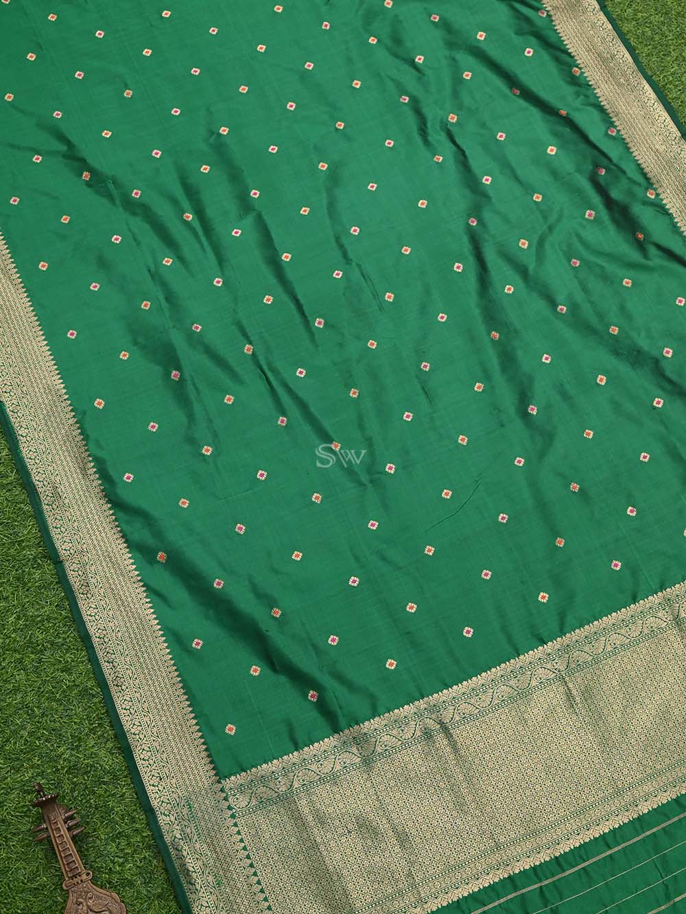 Bottle Green Meenakari Katan Silk Handloom Banarasi Dupatta - Sacred Weaves