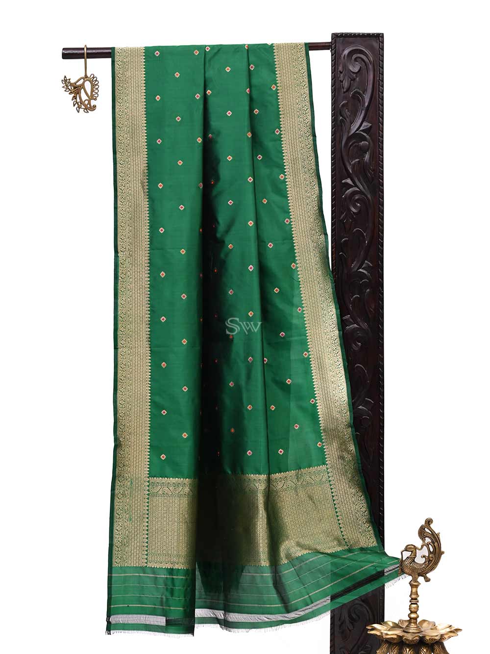 Bottle Green Meenakari Katan Silk Handloom Banarasi Dupatta - Sacred Weaves