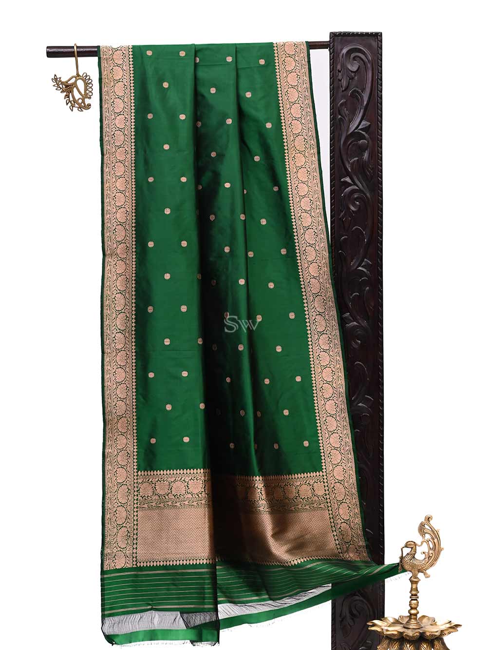 Bottle Green Booti Katan Silk Handloom Banarasi Dupatta - Sacred Weaves