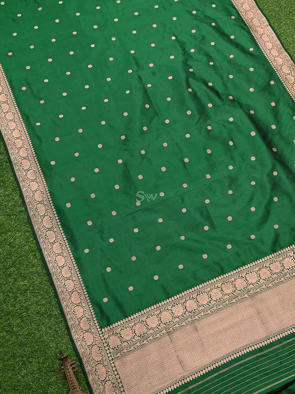 Bottle Green Booti Katan Silk Handloom Banarasi Dupatta - Sacred Weaves