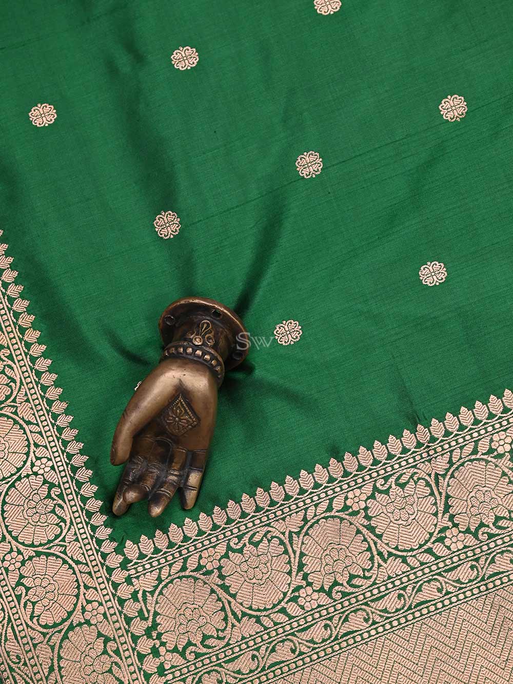 Bottle Green Booti Katan Silk Handloom Banarasi Dupatta - Sacred Weaves