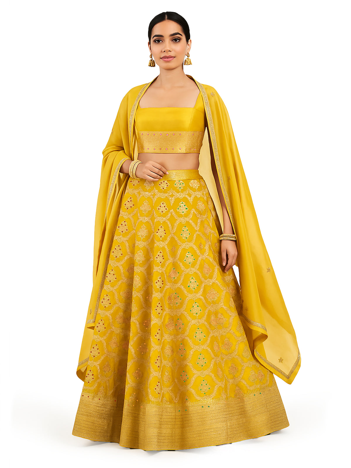 Mustard Meenakari Silk Handloom Banarasi Lehenga