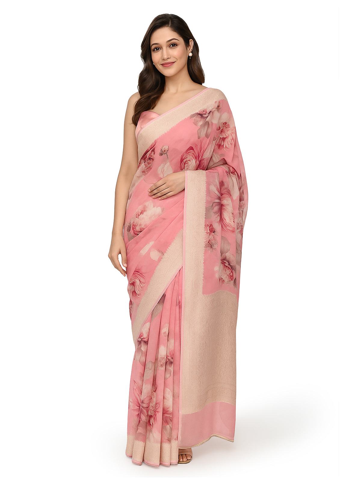 Pink Georgette Printed Banarasi Saree