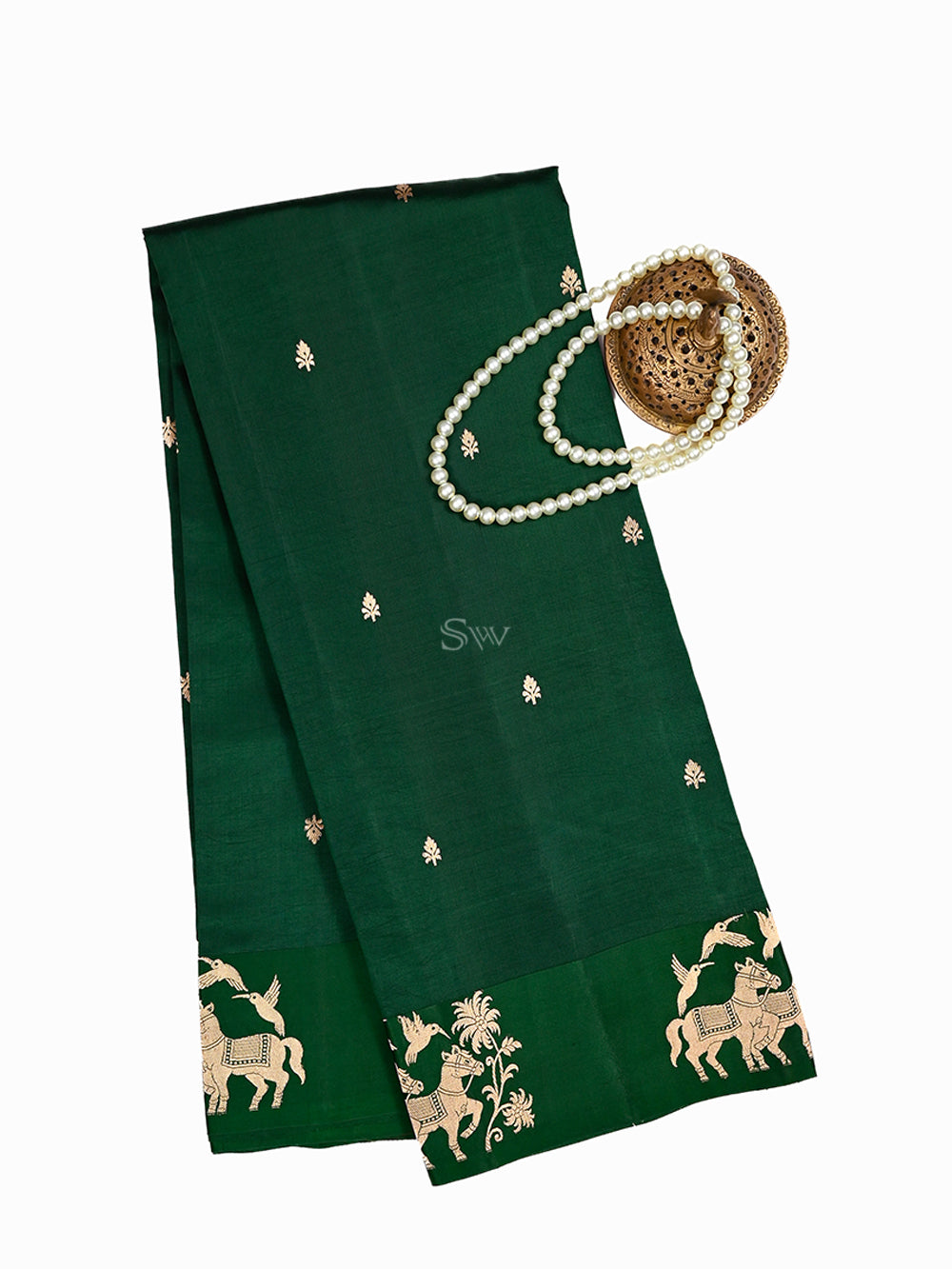 Bottle Green Booti Katan Silk Handloom Banarasi Saree