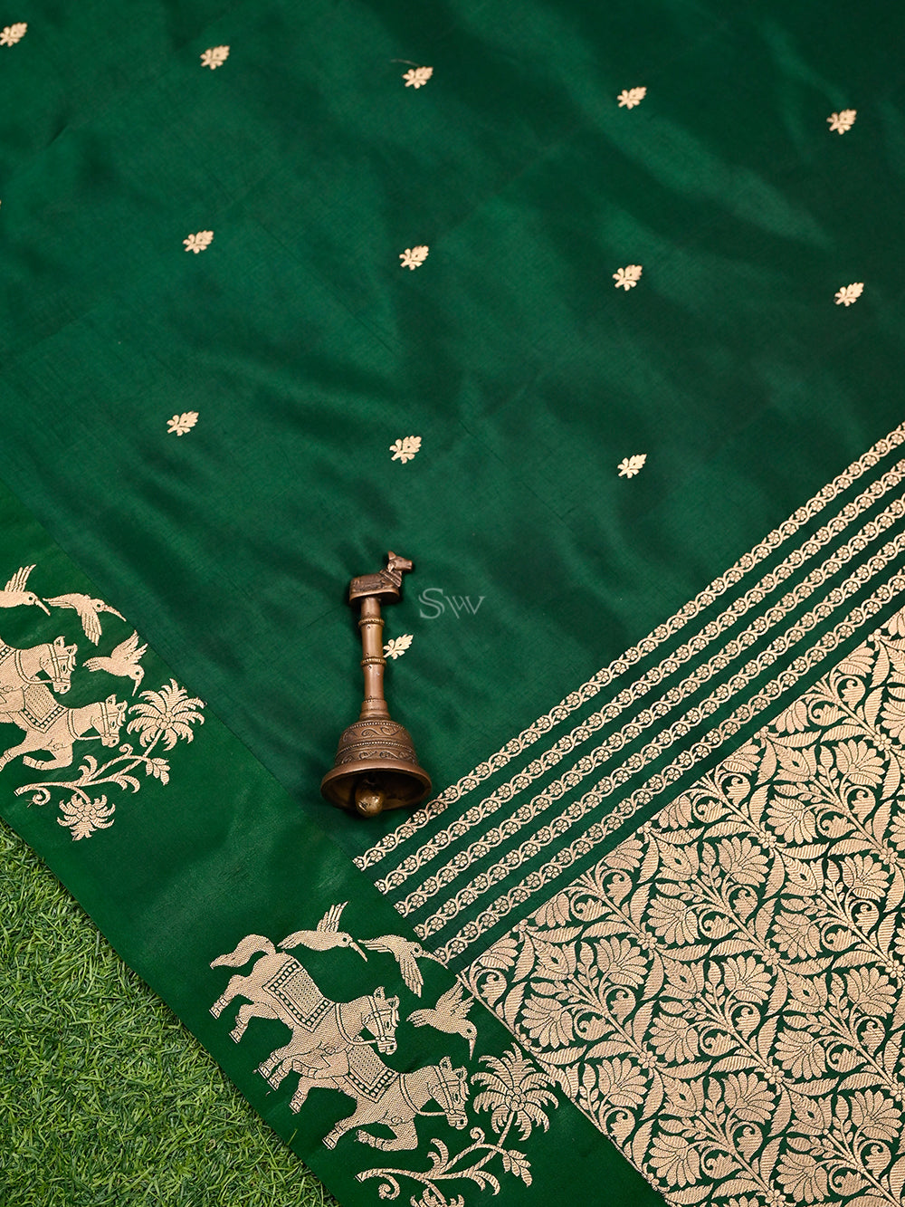 Bottle Green Booti Katan Silk Handloom Banarasi Saree