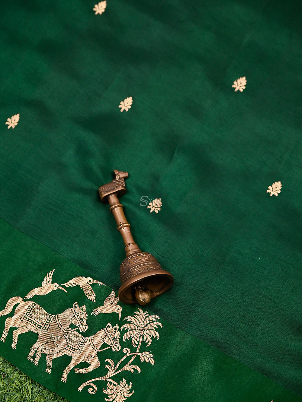 Bottle Green Booti Katan Silk Handloom Banarasi Saree