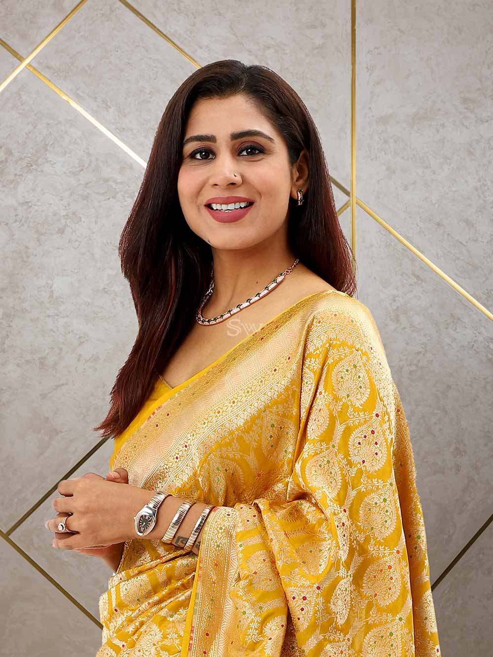 Yellow Meenakari Uppada Katan Silk Handloom Banarasi Saree - Sacred Weaves
