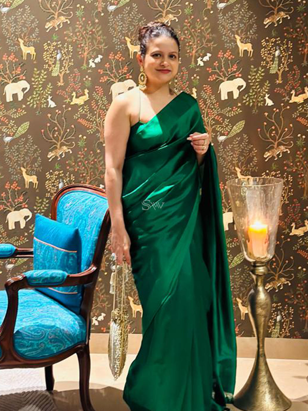 Buy Moss Green Satin Saree With Fringes On Pallu Paired With Deep Neck Hand  Embroidered Crop Top