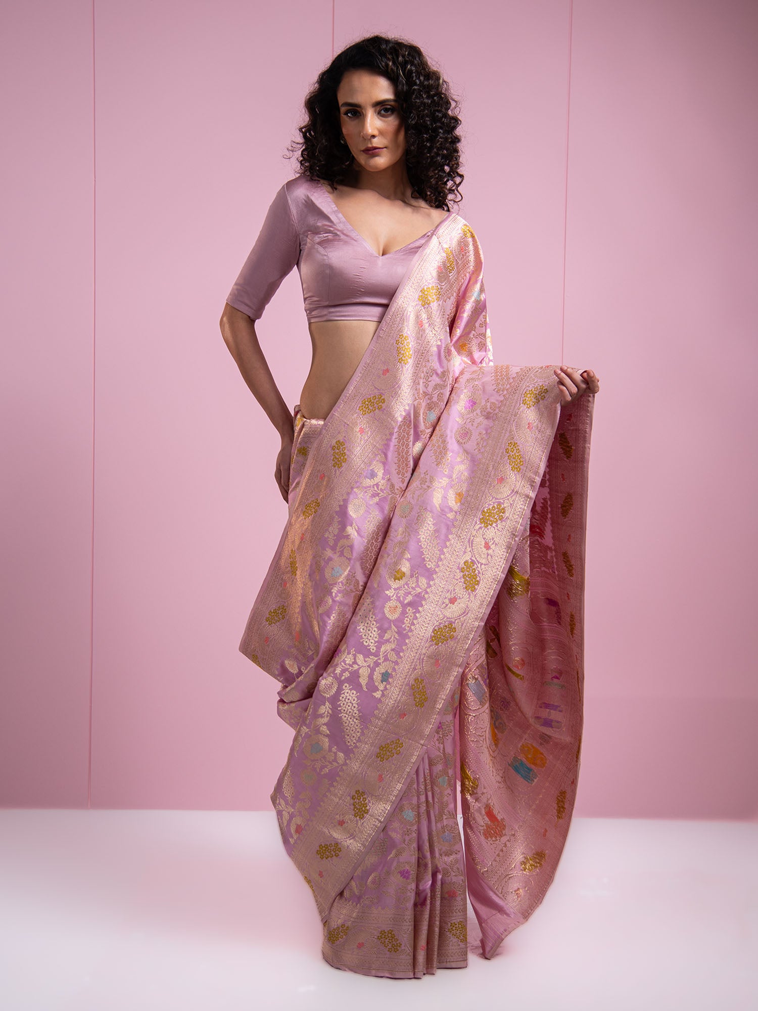 Pastel Pink Meenakari Katan Silk Handloom Banarasi Saree - Sacred Weaves