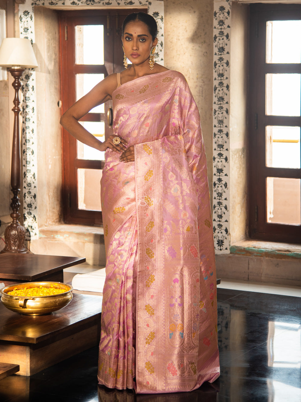 Pastel Pink Meenakari Katan Silk Handloom Banarasi Saree - Sacred Weaves